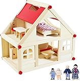 Izzy Holzpuppenhaus mit 2 Etagen, 4 Puppen und 9 Möbelstücken |...