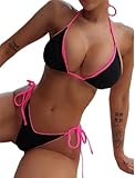 Damen Sexy Triangle Bikini Set – Schwarzer Bikini mit Neonpaspel –...