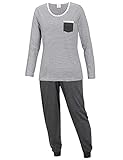 KB Damen Schlafanzug lang Hausanzug Nachtwäsche Pyjama Set Grau gestreift...