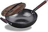 Handgehämmerter Wok aus Karbonstahl mit Holzdeckel und Holzgriff –...