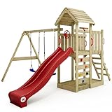 WICKEY Spielturm Klettergerüst MultiFlyer mit Holzdach, Schaukel & roter...