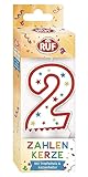 RUF Zahlenkerze Nummer 2, rote Geburtstags-Kerze mit bunten Sternchen,...