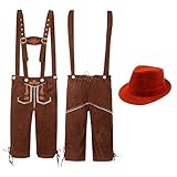 Trachten Lederhose Herren Oktoberfest Outfit Leder Trägerhose und Hut Set...