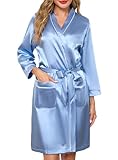 Sopesil Bademantel Damen Satin Morgenmantel mit Taschen Kurzer Kimono Seide...