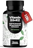 Vitamin D3 K2 hochdosiert – 120 Tabletten mit 5000 IE D3 & 200 µg K2 –...
