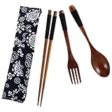 NUOBESTY Holz Besteck Essstäbchen Gabel Löffel mit Münztasche Tragbar...