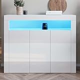 SONNI Kommode Sideboard mit LED Beleuchtung Weiß Hochglanz...