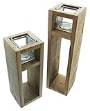 2X Windlicht-Säule Wood aus Holz & Glas, 30 + 40 cm hoch, Kerzenhalter aus...