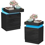 PIPIPOXER Nachttisch 2er Set mit LED, Hochglanz Nachtschrank mit 3...