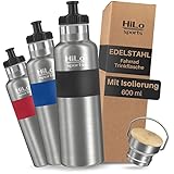 HiLo sports isolierte Trinkflasche Fahrrad Edelstahl 600ml - [Hält 12h...