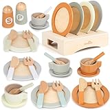 Dreamon Kinderküche Zubehör Teeservice Kinder Holz, 27 PCS Puppengeschirr...