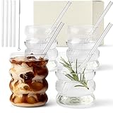 KIVY Wave Gläser 4er Set mit Glas Strohhälme- 350ml - Longdrinkgläser...