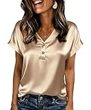 ABINGOO Damen Satin Bluse Kurzarm V-Ausschnitt Knopfleiste Elegant...