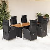 Mandloder 7-TLG. Garten-Essgruppe Schwarz, Poly Rattan, Akazienholz,...