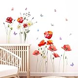 Tanlaby Rote Mohnblumen Wandtattoo, Aquarell Blumen Schmetterling...