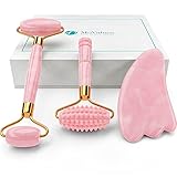 4-in-1 Rosenquarz Roller und Gua Sha Set - Gesichtsroller aus Rosenquarz...