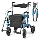 COSTWAY Rollator mit Luftbereifung, faltbar und leicht mit Sitz, 2 in 1...