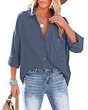 NONSAR Bluse Damen Lässiges Hemd mit V-Ausschnitt 100% Baumwolle Lockere...