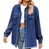 Jeansbluse Damen Jeansjacke Lang Oversize Hemd Jeanshemd Kurzarm...