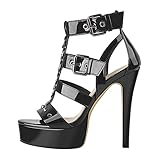 Only maker Damen Plateau Sandalen T-Spange High Heels mit Nieten Lackoptik...