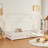 [en.casa] Kinderbett Hesel Hausbett Weiß 90 x 200 cm mit Rausfallschutz...