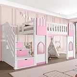 NovaFurnish Hochbett mit Stauraumtreppe und Fenster, 90 x 200 (Weiß+Rosa)