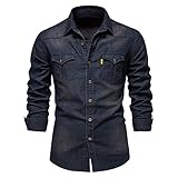 Skrsila Herren Jeanshemd Denim Shirt Langarmhemd Cowboy-Style Kent-Kragen...