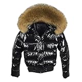Damen Glänzende Weiche Daunenjacke Kunstpelz Kurze Jacke Verdickte Warme...