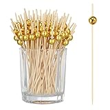 SOSPIRO 200 Stück Cocktailspieße Naturholzspieße mit Gold Acrylperle...