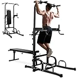 COSTWAY 6 in 1 Power Tower mit klappbarer Hantelbank, Dip Station mit...