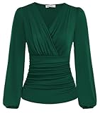 Damen T-Shirt Langarm V-Ausschnitt Einfarbig Top Slim Fit Plissee-Tops...