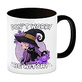 Hexen Kaffeebecher in schwarz mit Spruch- Don't worry be witchy zauberhafte...