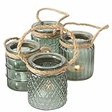 Glas Windlicht 9 cm transparent grün - 4er Set - Kerzenglas mit Kordel zum...