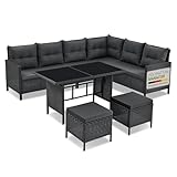 Juskys Polyrattan Lounge Manacor mit Ecksofa, Esstisch, 2 Hocker & Kissen -...