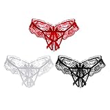 3er Set Damen Slip String Tanga Sexy Dessous mit Perlen, Ouvert-Slip...