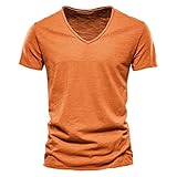 Einfarbig T-Shirt Herren V-Ausschnitt 100% Baumwolle Kurzarm Shirt 10...