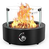 Onlyfire Rund Gas Tischkamin, Tischfeuer mit Glaswindschutz, Lavastein und...