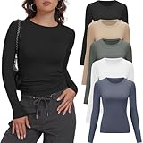 miijoory 5er Pack Langarmshirt Damen Rundhalsausschnitt Basic Langarm...
