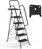 HBTower Trittleiter 5 Stufen klappbar mit Werkzeugablage, Faltbare...