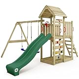 WICKEY Spielturm Klettergerüst MultiFlyer mit Holzdach, Schaukel & grüner...