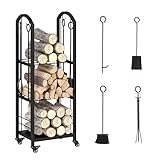 COSTWAY Kaminholzregal mit Rollen und 4 Kaminwerkzeugen, Brennholzregal...