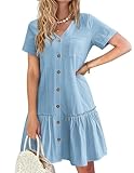 Hotouch Kleid für Damen Leinen Sommer Blusenkleid Button Down Strandkleid...