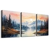 MHARTK66 Aquarell Wald Leinwand Bilder Set Wohnzimmer, Sonnenuntergang...
