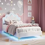 CoziFome Kinderbett 90x200, Kronen-Prinzessinnenbet mit Höhenverstellbarem...