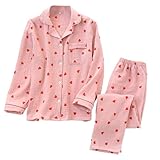 YANSYUN Pyjama Damen mit Herzen Musselin Schlafanzug Lang Baumwolle...