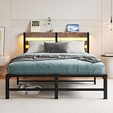 VERFARM Bett 120x200 cm mit LED, Metallbett mit USB-Ladestation &...