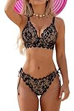 Beachsissi Damen-Bikini-Set mit Spitze, Patchwork, V-Ausschnitt, Knoten,...