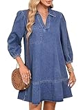 Damen V-Ausschnitt Puffärmel Denim Lagenkleid Casual Loose Fit 3/4 Ärmel...