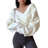 Damen Wickelpullover mit V-Ausschnitt, Kurze Pullover 2024, Herbst, Lange...