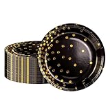 BOKFJBP Pappteller, 22,9 cm, Schwarz und Gold, Einwegteller für...